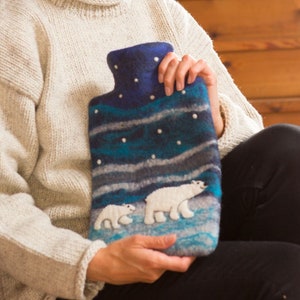 Polar Bear Hot Water Bottle Cover - 2 Litre Fashy Hot Water Bottle Included - 100% Wool Felt - Fair Trade Handmade Gift