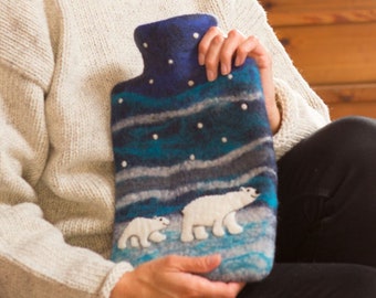 Polar Bear Hot Water Bottle Cover - 2 Litre Fashy Hot Water Bottle Included - 100% Wool Felt - Fair Trade Handmade Gift