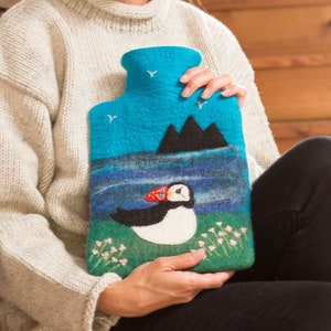 Puffin Hot Water Bottle Cover: Handmade Wool Felt, Fair Trade Gift