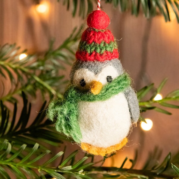 Hand Felted Wool Penguin Christmas Ornament: Fair Trade Decoration