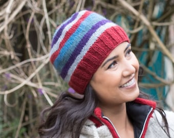 Hand Knit Wool Beanie: Pied Colorful Stripe, Fleece Lined