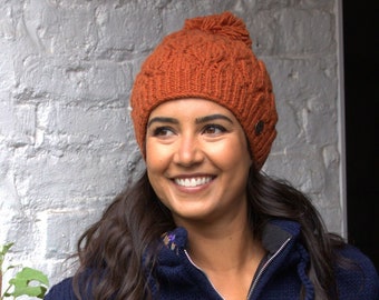 Leaf Bobble Hat - 9 Colours Available - Handknitted - 100% Wool - Winter Hat - Fleece Lined - Ethical Clothing - Fair trade - Pom Pom Hat