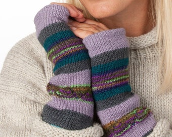 Notch Stripe Wristwarmers - 100% Wool Fair Trade Hand Warmers  - Fingerless Gloves - Fingerless Mittens - Woolen Gloves - Wrist cuffs