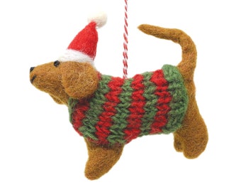 Sausage Dog Christmas Decoration - Adorable Hand Felted Fair Trade Pure Wool Felt dachshund dog Hanging Bauble - Dog in a jumper