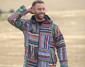 Handcrafted Gheri Cotton Patchwork Fleece Jacket: Unisex Hooded Outerwear
