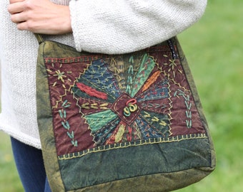 Stonewashed Embroidered Crossbody Bag - Large Cotton