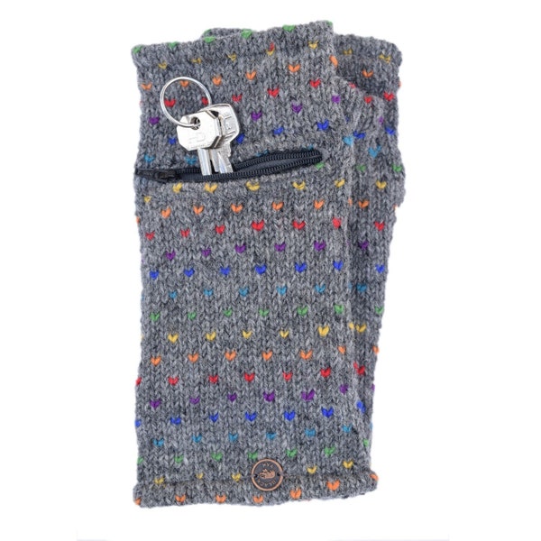 Knitted Wristwarmers with Zip Pocket - Rainbow Tick Design - Fingerless Gloves, Handwarmers, Gloves with Pocket - 100% Wool - Fair Trade