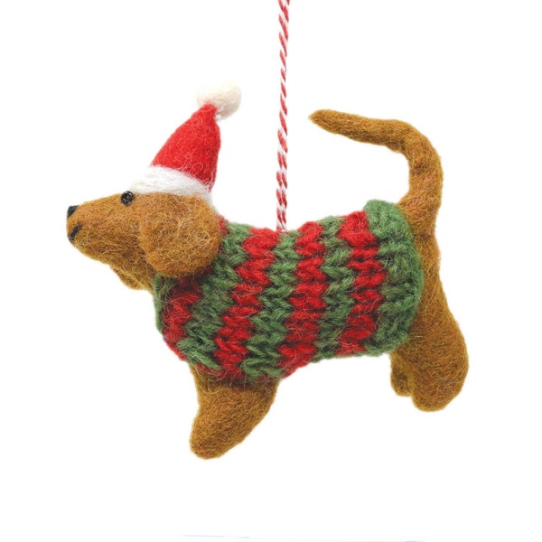 Sausage Dog Christmas Decoration - Adorable Hand Felted Fair Trade Pure Wool Felt dachshund dog Hanging Bauble - Dog in a jumper