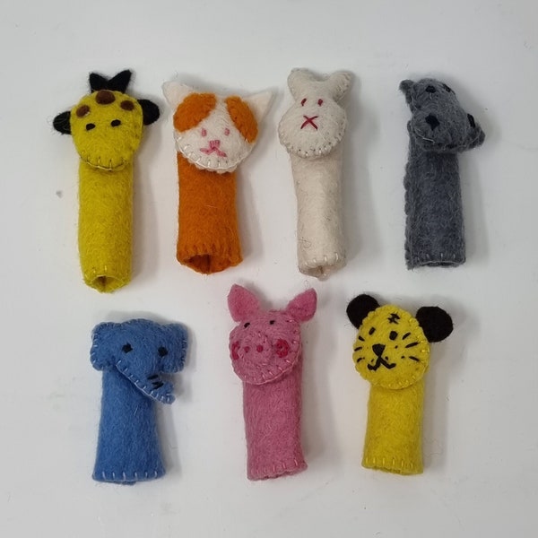 Adorable Handmade Animal Felt Finger Puppets - Wool Felt Giraffe, Cat, Rabbit, Hippo, Elephant, Pig and Tiger - Fair Trade Gift - Fair Trade