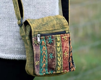 Stonewashed Embroidered Crossbody Bag - Cotton Shoulder Zip and Fold Shoulder Bag with Adjustable Strap - Travel Bag - Festival Bag