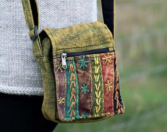 Stonewashed Embroidered Crossbody Bag - Cotton Shoulder Zip and Fold Shoulder Bag with Adjustable Strap - Travel Bag - Festival Bag