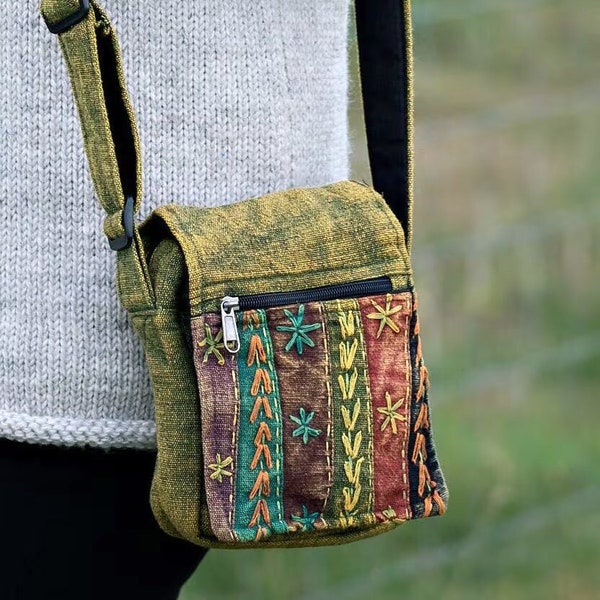 Stonewashed Embroidered Crossbody Bag - Cotton Shoulder Zip and Fold Shoulder Bag with Adjustable Strap - Travel Bag - Festival Bag