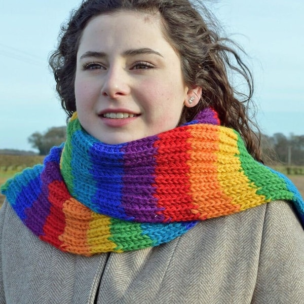 Fairtrade Hand Knitted Rainbow Scarf in 100% Pure Wool - Multi Coloured Stripe Scarf - Wool Knitted Scarf - Fair Trade Gift