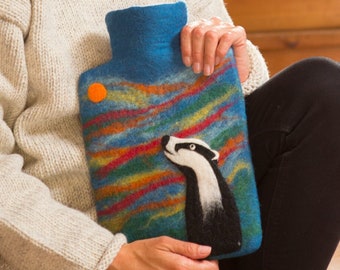 Badger Hot Water Bottle Cover: Handmade Wool Felt, Fair Trade Gift