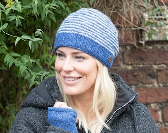 Hand Knitted Wool Stripe Beanie: Fleece Lined Winter Hat