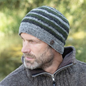 May include: A knit beanie featuring horizontal stripes in shades of forest green, charcoal gray, and light gray. The hat has a solid light gray ribbed brim and a small, circular brown leather-like patch with an embossed logo on the lower side.