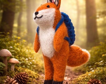 May include: A handcrafted orange and white fox ornament with a blue backpack. The fox has black paws and a white chest. The ornament is hanging from a red and white striped string. The background is a blurred forest scene.