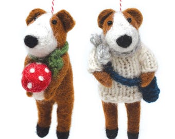 Hand Felted Wool Dog Christmas Ornament: Fair Trade Hanging Decoration
