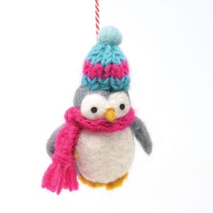 Hand Felted Wool Penguin Christmas Ornament: Fair Trade Decoration Pink Teal Penguin