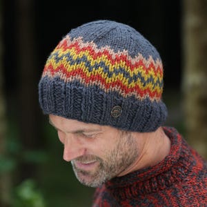 Mens Winter Zigzag Beanie Hat - Pure New Wool - Fleece Lined Winter Hat - Fair Trade - Winter Hat Gift - Mens Christmas Gift