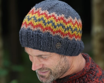 Mens Wool Zigzag Beanie: Fleece Lined Fair Trade Knit Hat