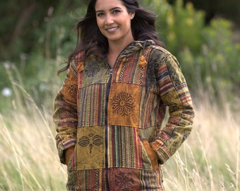 Handcrafted Stonewashed Cotton Patchwork Fleece Jacket - Hooded Unisex Outerwear