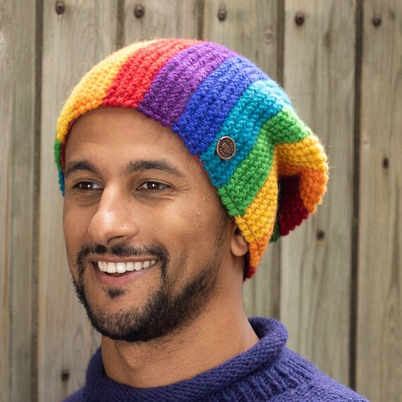 Knitted Wool Rainbow Baggy Beanie Hat 100 Wool Winter Hat