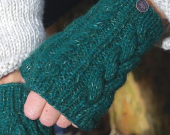 Hand Knitted Wool Fleck Cable Knit Handwarmers: Fleece Lined Fingerless Gloves