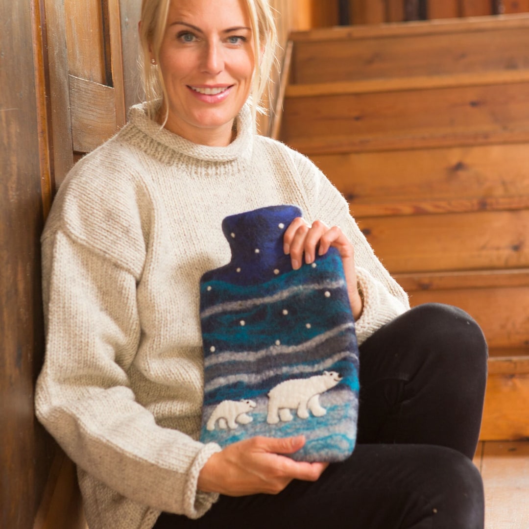 Polar Bear Hot Water Bottle Cover 2 Litre Fashy Hot Water Bottle Included 100 Wool Felt Fair
