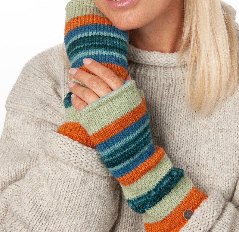 Notch Stripe Wristwarmers 100% Wool Fair Trade Hand Warmers Fingerless Gloves Fingerless Mittens Woolen Gloves Wrist cuffs image 2