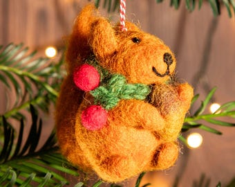 Fair Trade Wool Felt Red Squirrel Christmas Ornament - Handmade Xmas Bauble