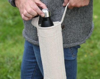 Handmade Water Bottle Carrier: Herringbone Cotton, Adjustable Strap