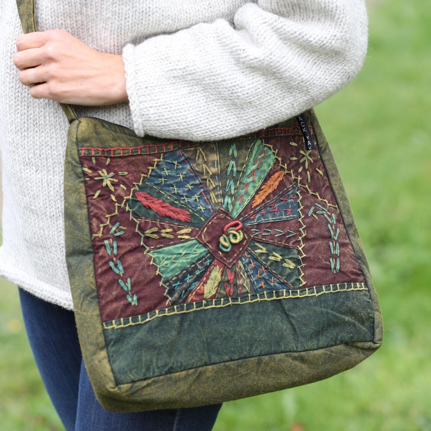 Stonewashed Embroidered Crossbody Bag - Large Cotton