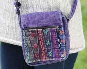 Embroidered Stonewashed Crossbody Bag: Cotton Zip Shoulder Bag