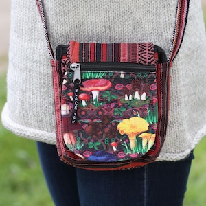 Sac à bandoulière à motif champignons et gheri - Petit sac à bandoulière en coton avec fermeture éclair et pli avec bandoulière réglable - Sac de voyage - Sac de festival