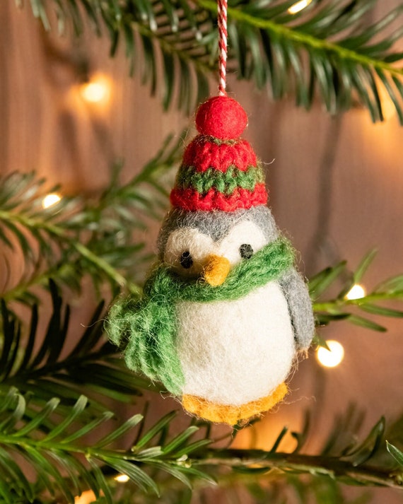 Hand Felted Wool Penguin Christmas Ornament: Fair Trade Decoration