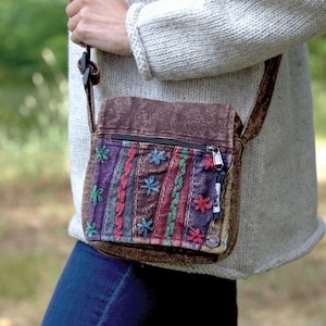 Stonewashed Embroidered Crossbody Bag - Cotton Shoulder Zip and Fold Shoulder Bag with Adjustable Strap - Travel Bag - Festival Bag