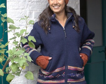 Tie Dye Wool Hooded Jacket: Fleece Lined, Hand Knitted