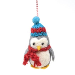 Hand Felted Wool Penguin Christmas Ornament: Fair Trade Decoration Red Blue Penguin