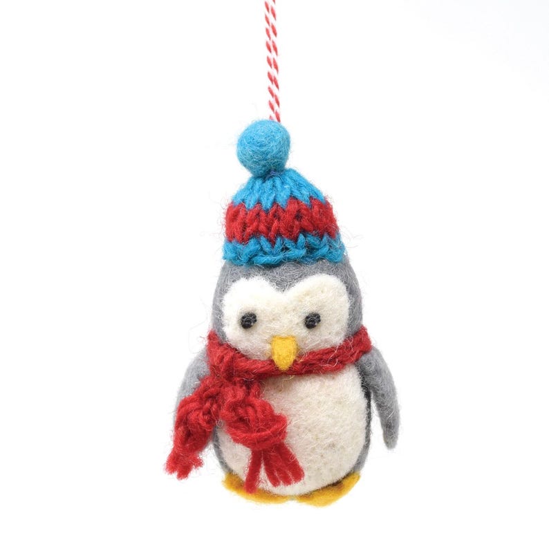 Hand Felted Wool Penguin Christmas Ornament: Fair Trade Decoration Red Blue Penguin