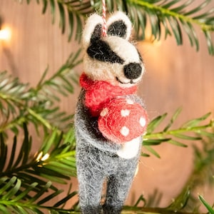 Fair Trade Wool Felt Badger Christmas Ornament: Mushroom Bauble