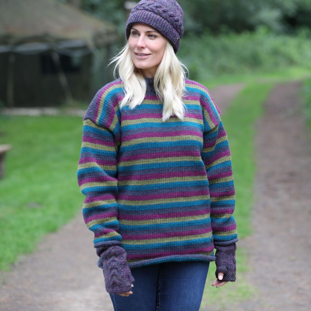 Hand Knitted Wool Jumper - Stripe Teal
