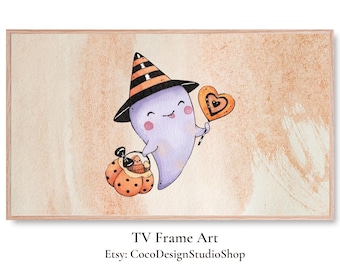 Halloween Frame TV Art Dark, Cute Ghost Samsung Tv art, Spooky Season tv art, Pumpkin, DIGITAL TV Download, 4K tv art, Happy Halloween