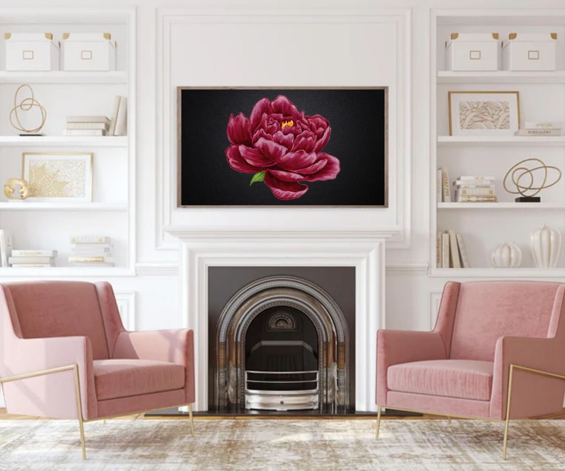 Samsung Frame TV Art Dark Floral Painting, Moody Red Vintage Botanical ...