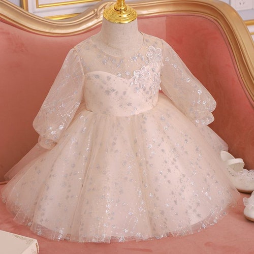 Ivory Sequin Lace Flower Girl shops Dress,Scoop Baby girl dress,Tulle Birthday Dress,Long sleeve Princess Baby tutu dress