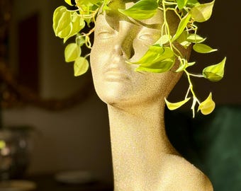 GOLD Goddess Head Face Planter - Unique Upcycled - Comes with Spider Plant