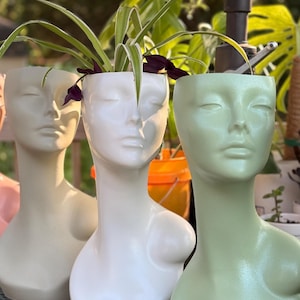 pearl white planter looking like a lady’s bust, plastic with transcending pothos and spider planter eclectic vase home Upcycled planter moss green jade green