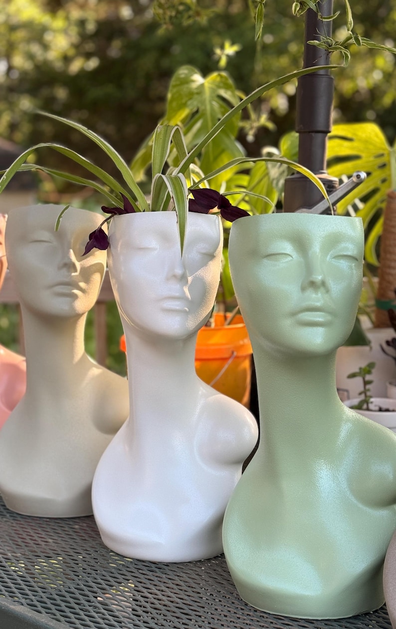 pearl white planter looking like a lady’s bust, plastic with transcending pothos and spider planter eclectic vase home Upcycled planter moss green jade green