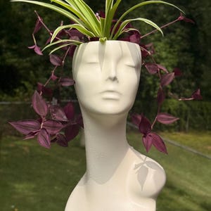 pearl white planter looking like a lady’s bust, plastic with transcending pothos and spider planter eclectic vase home Upcycled planter