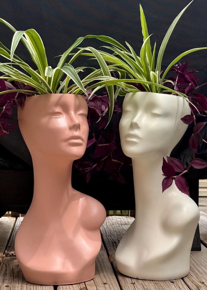 pearl white planter and soft baby pink in color, looking like a lady’s bust, plastic with transcending pothos and spider planter eclectic vase home Upcycled planter